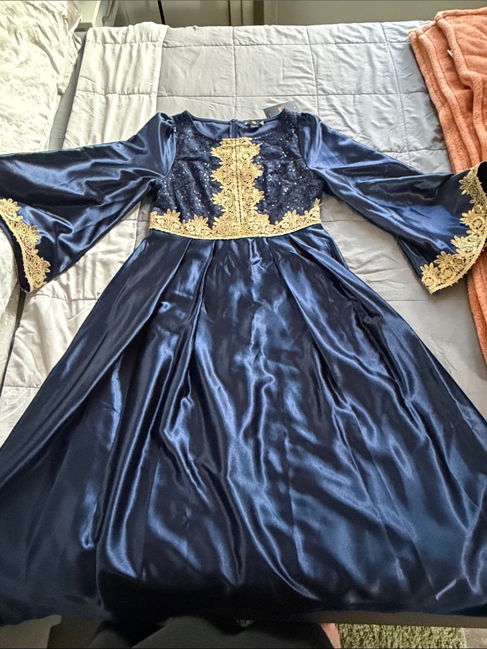 Navy Satin Long-Sleeve Dress with Gold Lace Trim